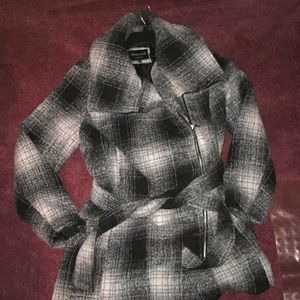 Gray and black pea coat with side zipper